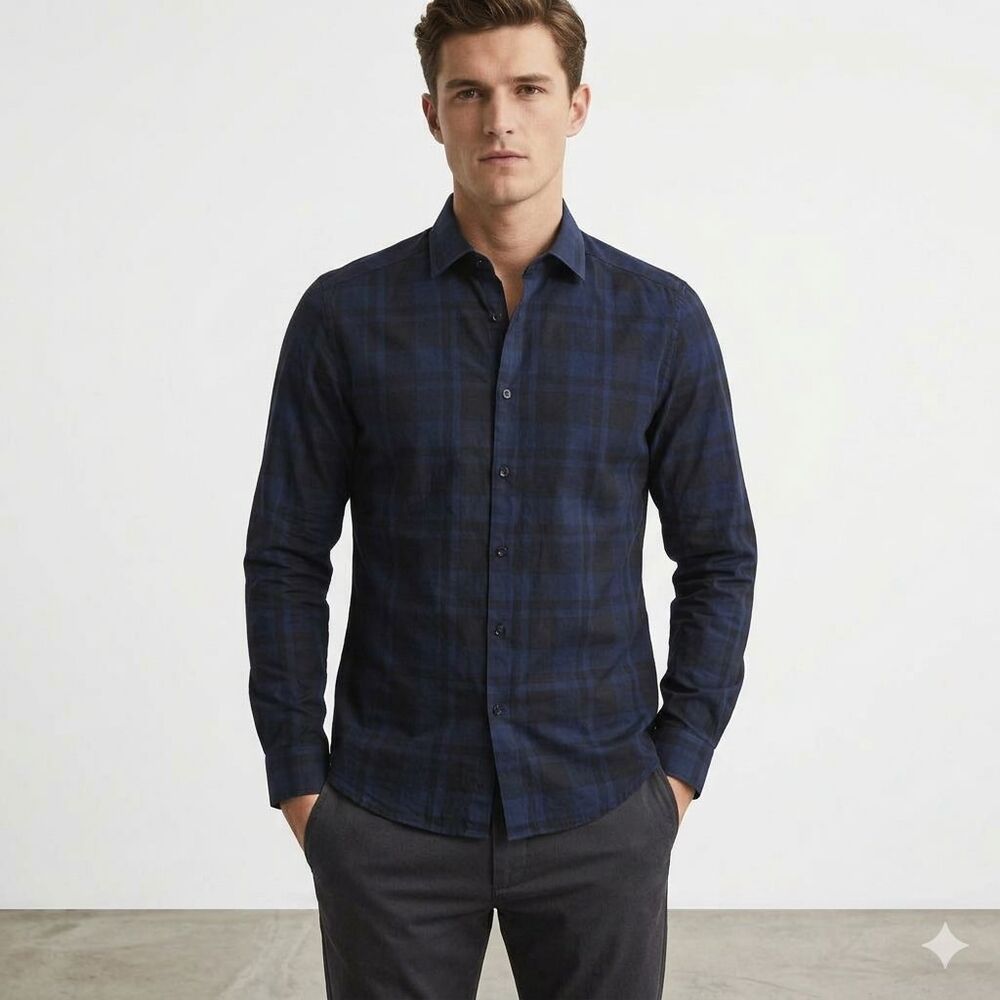 Reiss Slim Shirt Mens Medium Check Plaid Long Sleeve